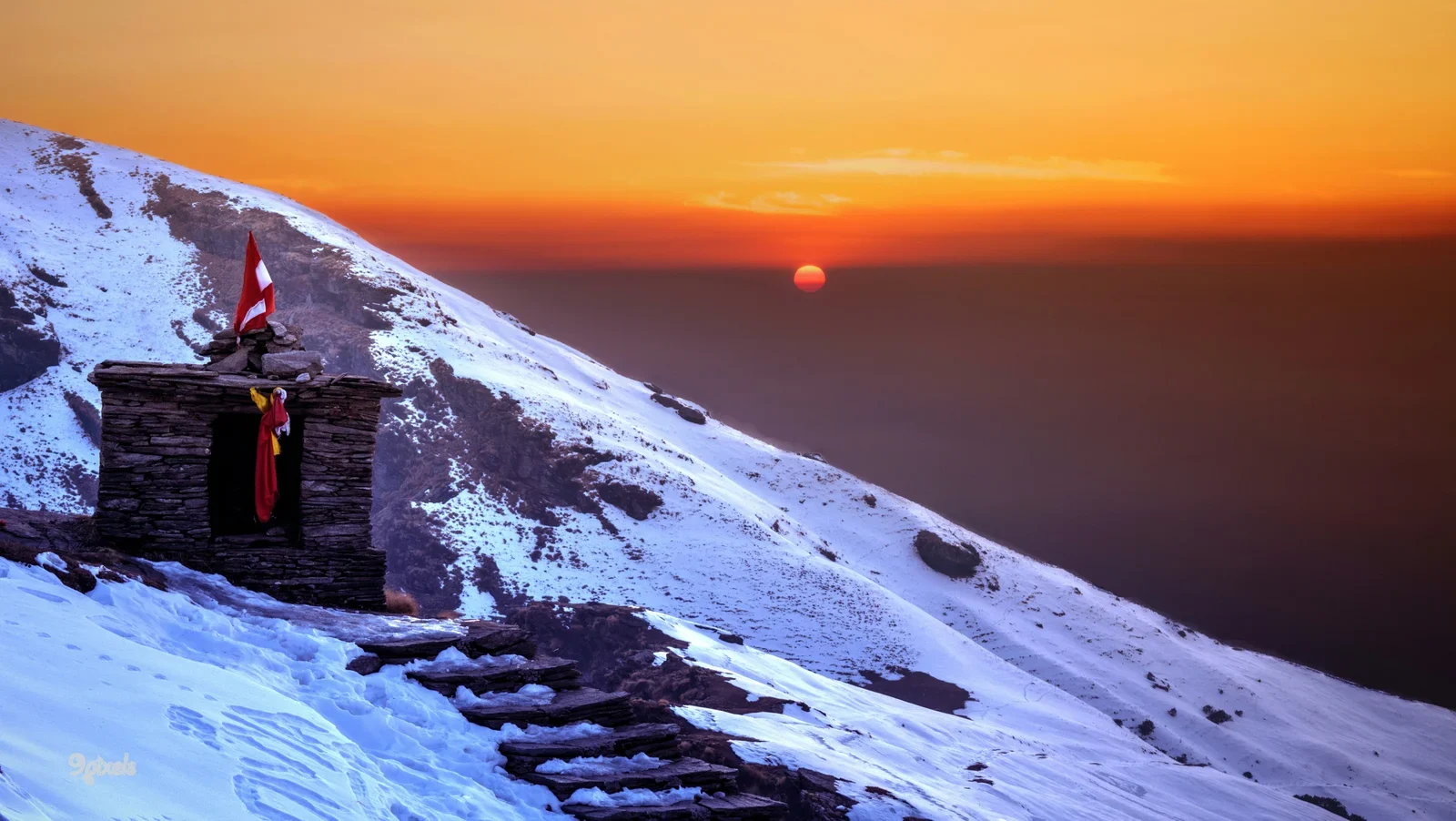 Group trekking in the Himalayas toward Tungnath