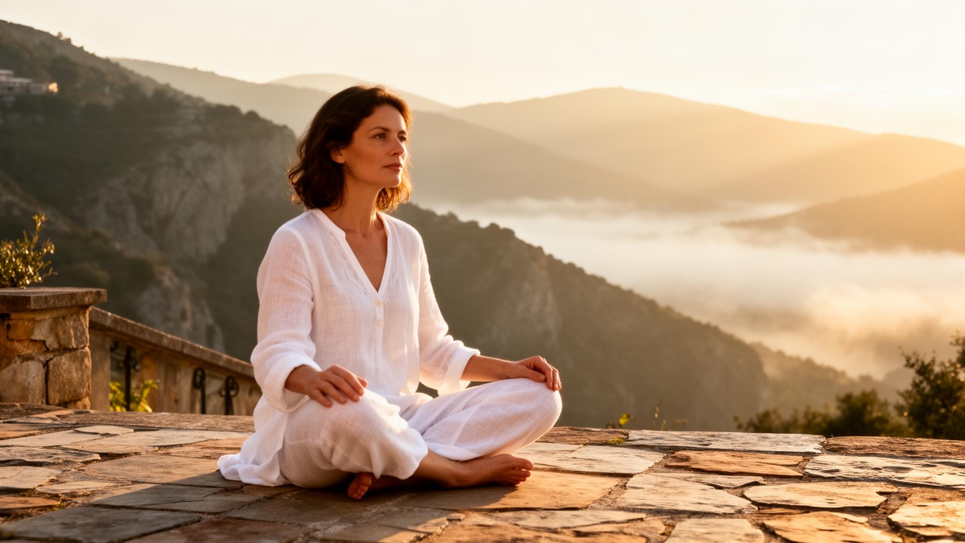 Woman in linen meditating on a stone terrace at sunrise