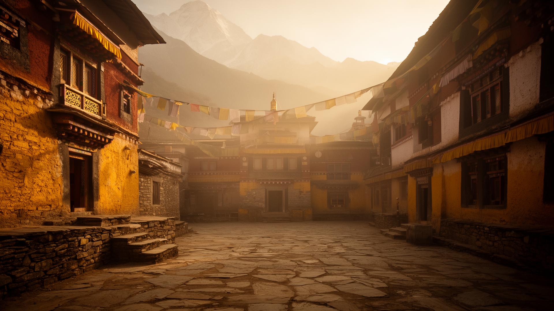Himalayan monastery courtyard at golden hour